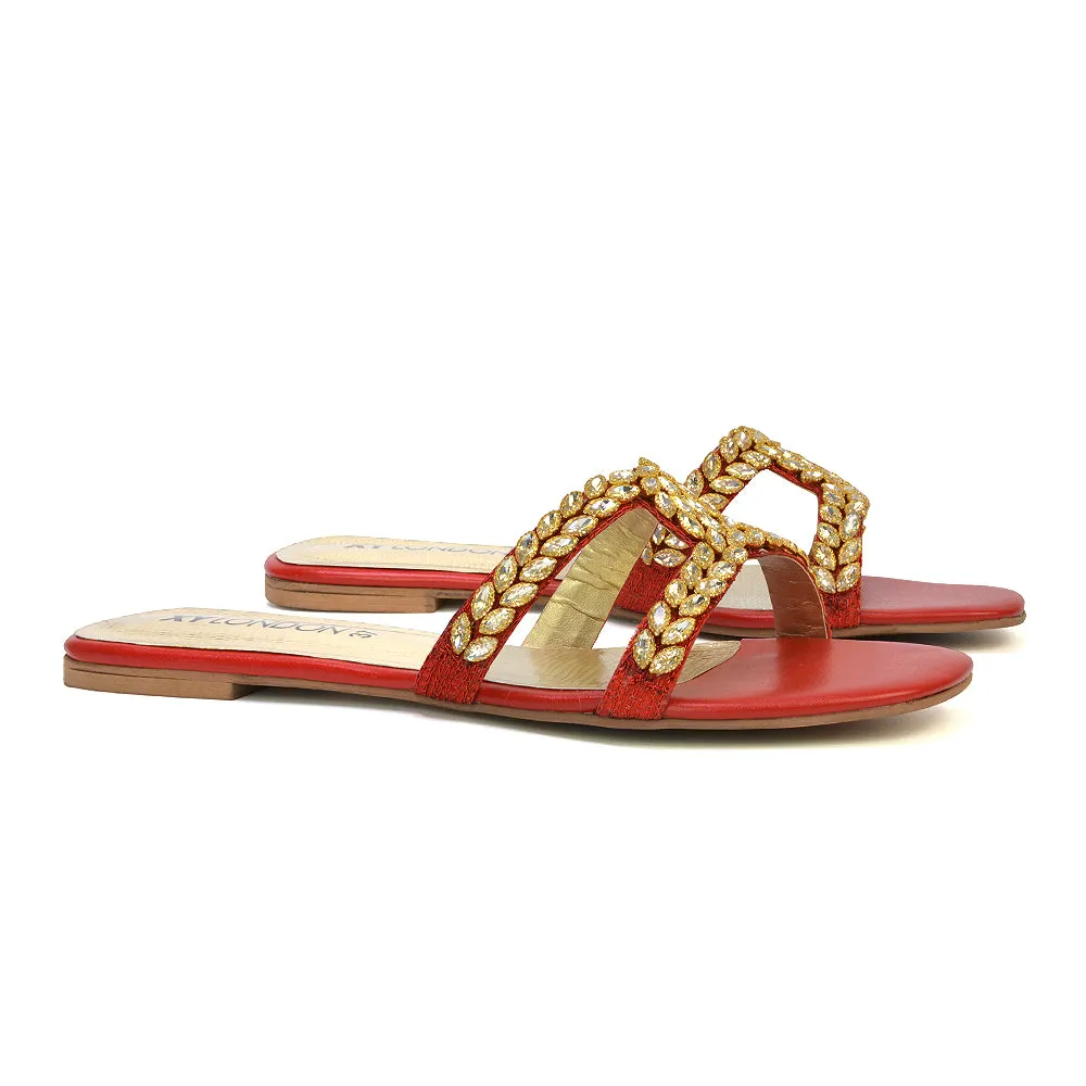 Kane Slip On Cut Out Square Toe Diamante Flat Sandals Sliders in Red sold by XYlondon