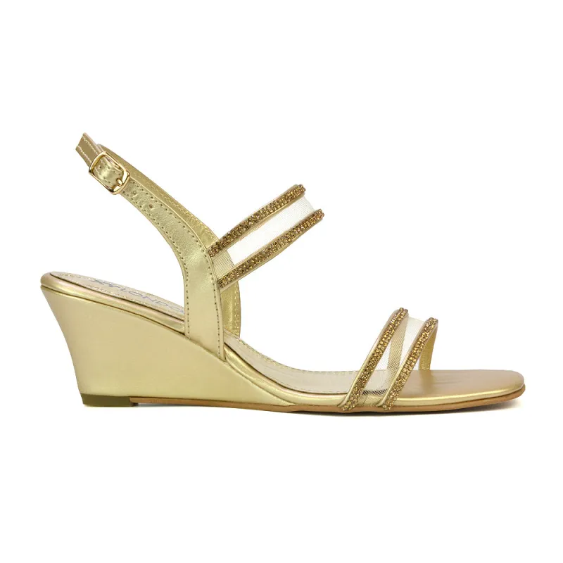 Melinda Strappy Square Toe Diamante Wedge Heel Sandals in Gold sold by XYlondon