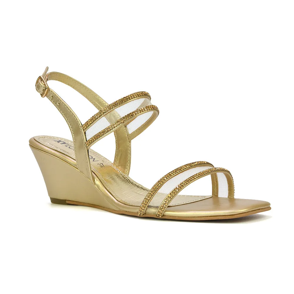 Melinda Strappy Square Toe Diamante Wedge Heel Sandals in Gold sold by XYlondon product image thumbnail 3