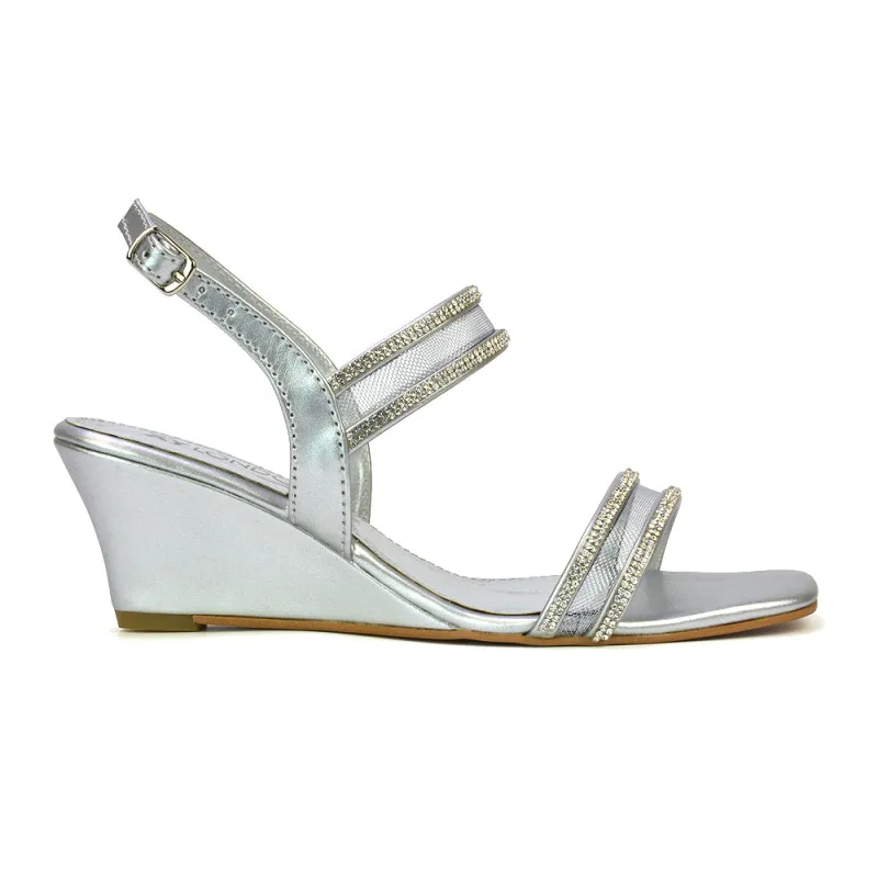Melinda Strappy Square Toe Diamante Wedge Heel Sandals in Silver sold by XYlondon