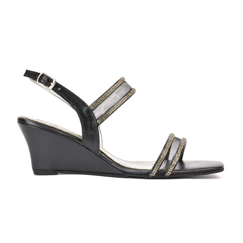 Melinda Strappy Square Toe Diamante Wedge Heel Sandals in Black sold by XYlondon