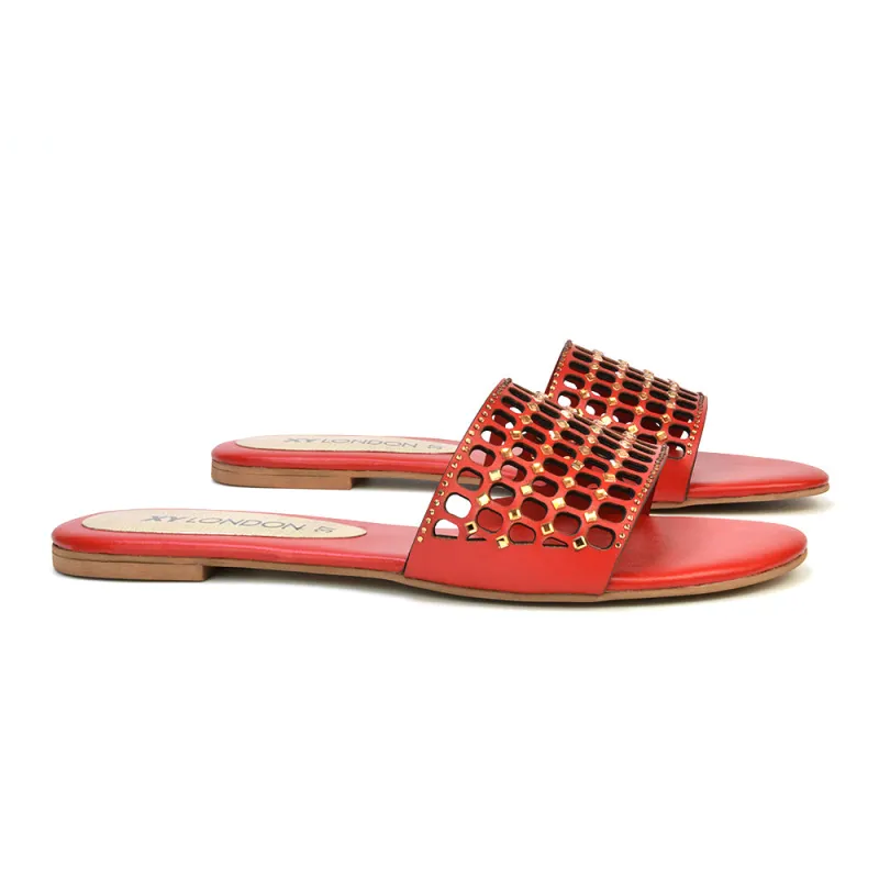 Abbie Mesh Strappy Diamante Slip On Flat Sandals Sliders in Red sold by XYlondon