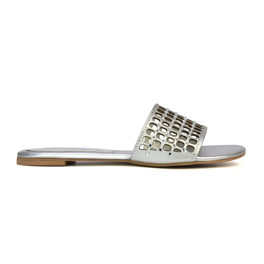 Abbie Mesh Strappy Diamante Slip On Flat Sandals Sliders in Silver sold by XYlondon product image thumbnail 3