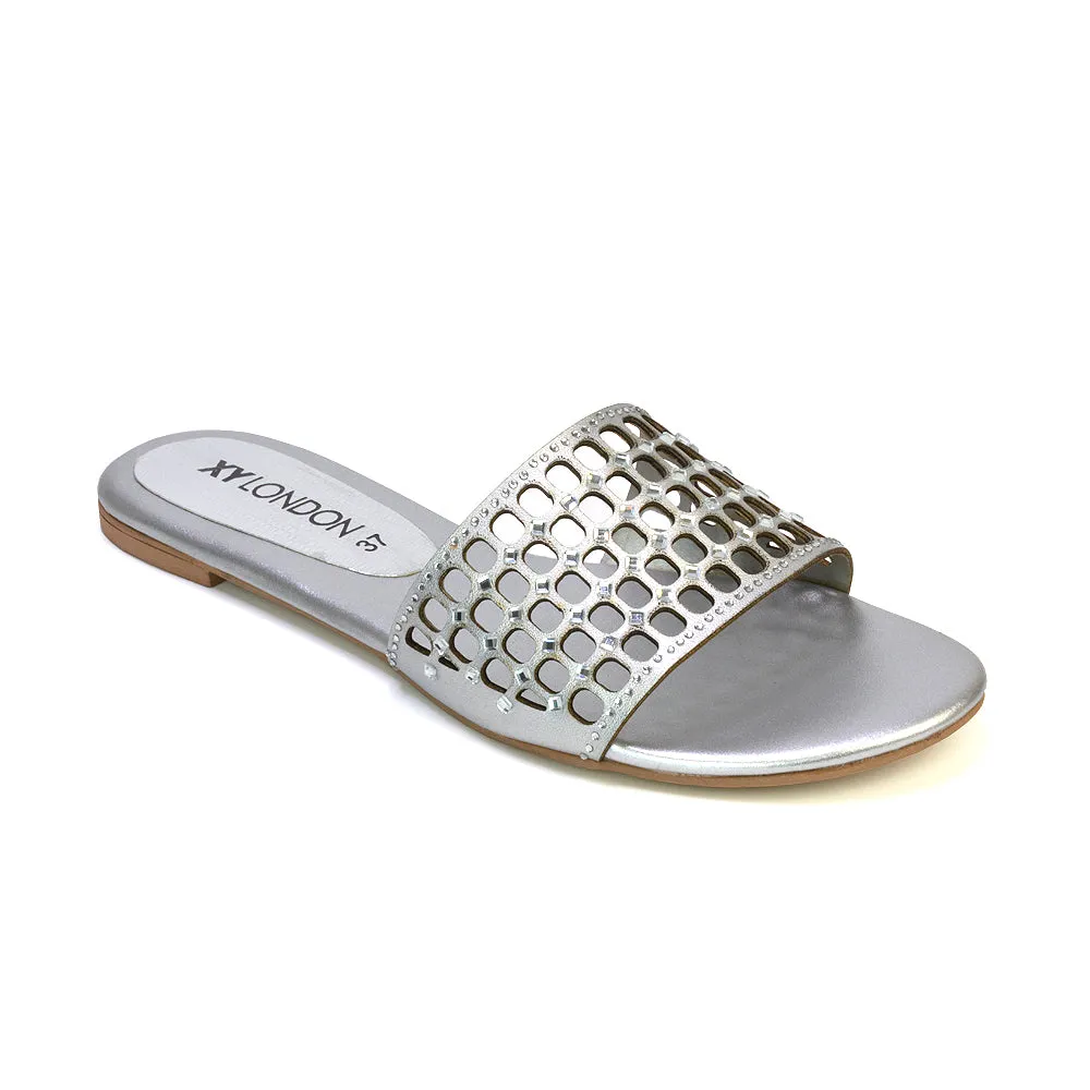 Abbie Mesh Strappy Diamante Slip On Flat Sandals Sliders in Silver sold by XYlondon product image thumbnail 2