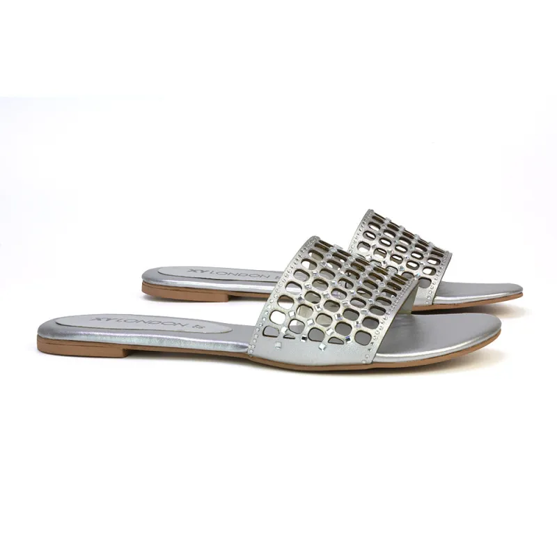 Abbie Mesh Strappy Diamante Slip On Flat Sandals Sliders in Silver sold by XYlondon