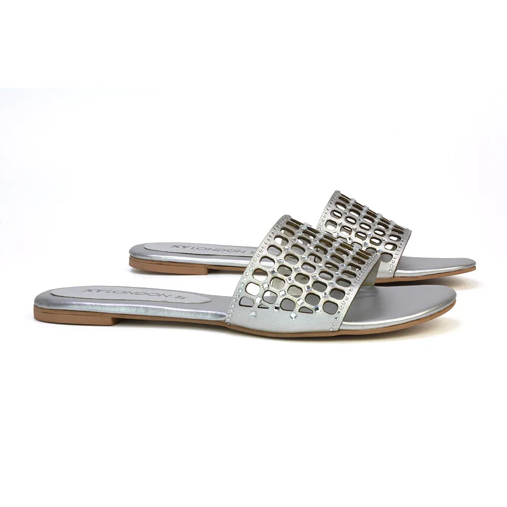 Abbie Mesh Strappy Diamante Slip On Flat Sandals Sliders in Silver sold by XYlondon