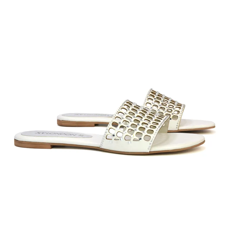 Abbie Mesh Strappy Diamante Slip On Flat Sandals Sliders in White sold by XYlondon
