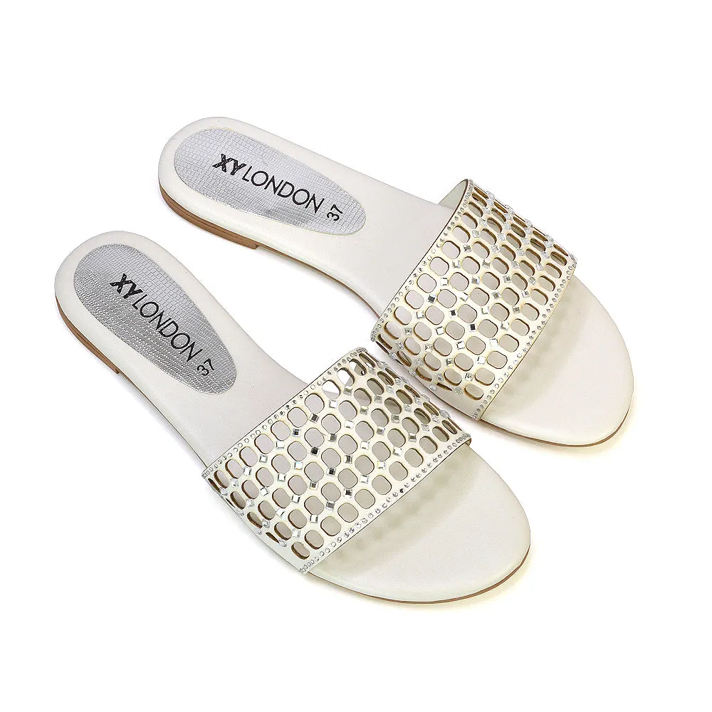 Abbie Mesh Strappy Diamante Slip On Flat Sandals Sliders in White sold by XYlondon product image thumbnail 5