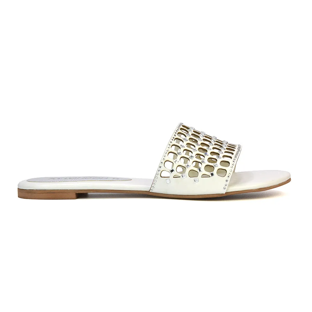 Abbie Mesh Strappy Diamante Slip On Flat Sandals Sliders in White sold by XYlondon product image thumbnail 3