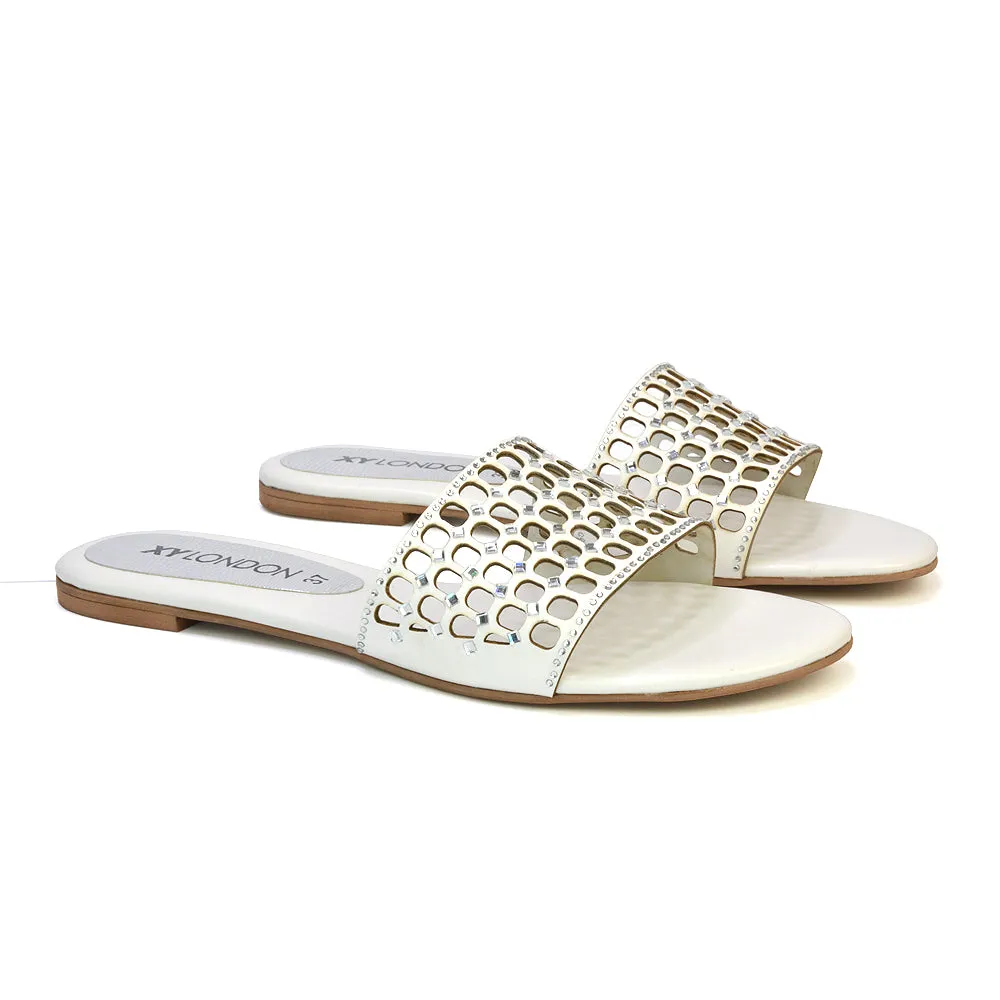 Abbie Mesh Strappy Diamante Slip On Flat Sandals Sliders in White sold by XYlondon product image thumbnail 4