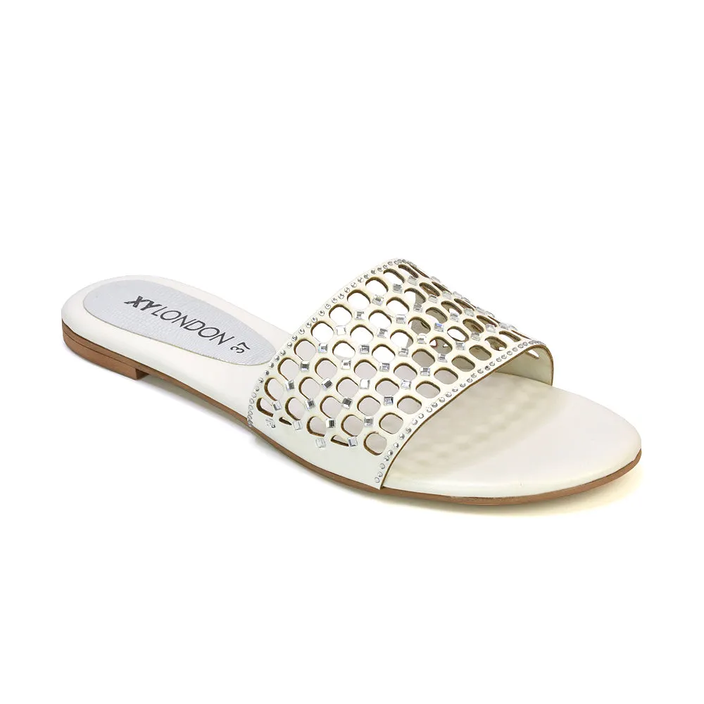 Abbie Mesh Strappy Diamante Slip On Flat Sandals Sliders in White sold by XYlondon product image thumbnail 2