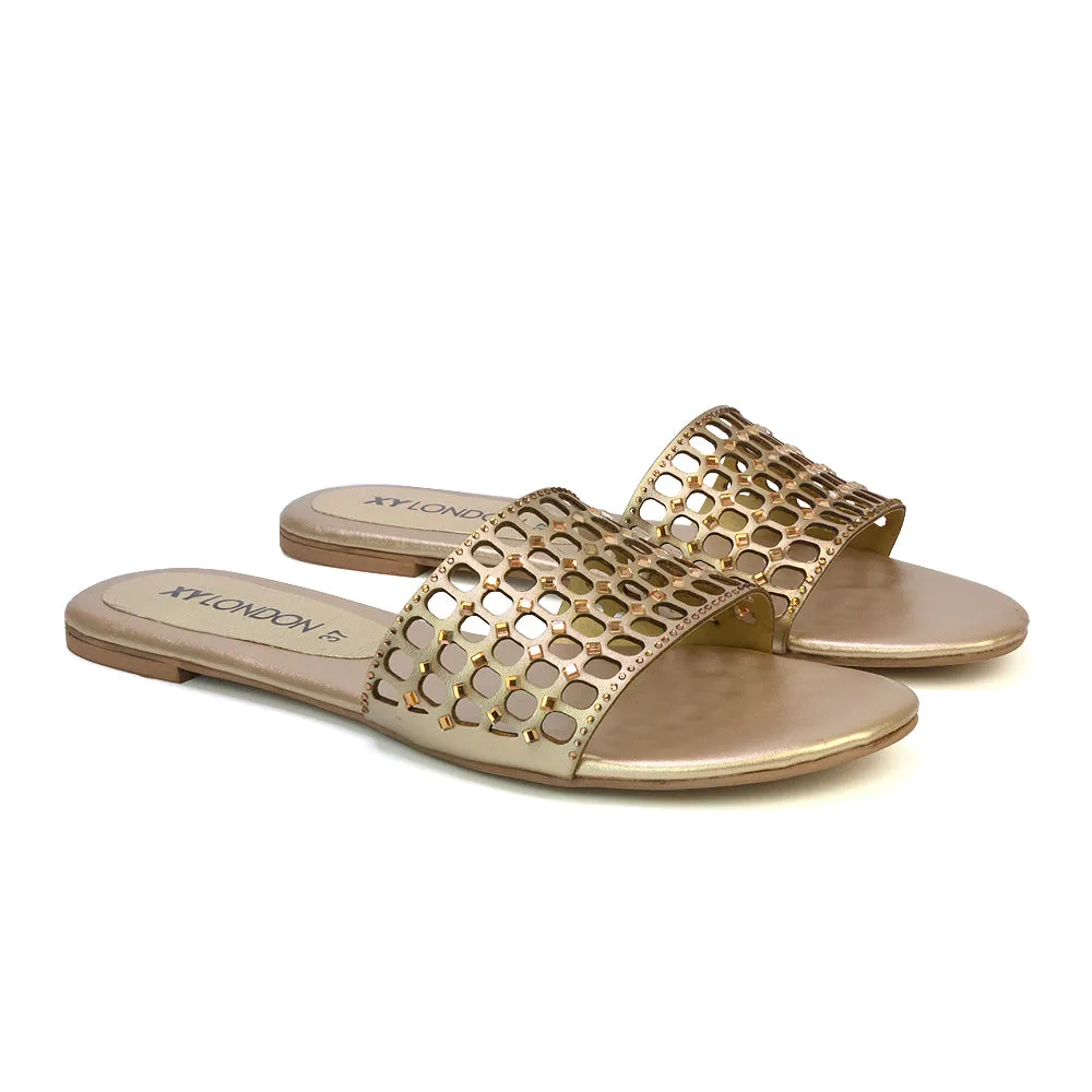 Abbie Mesh Strappy Diamante Slip On Flat Sandals Sliders in Gold sold by XYlondon product image thumbnail 4