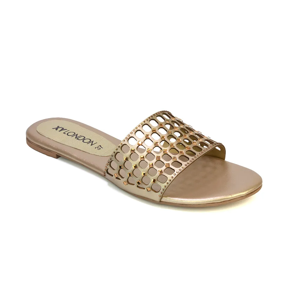 Abbie Mesh Strappy Diamante Slip On Flat Sandals Sliders in Gold sold by XYlondon product image thumbnail 2