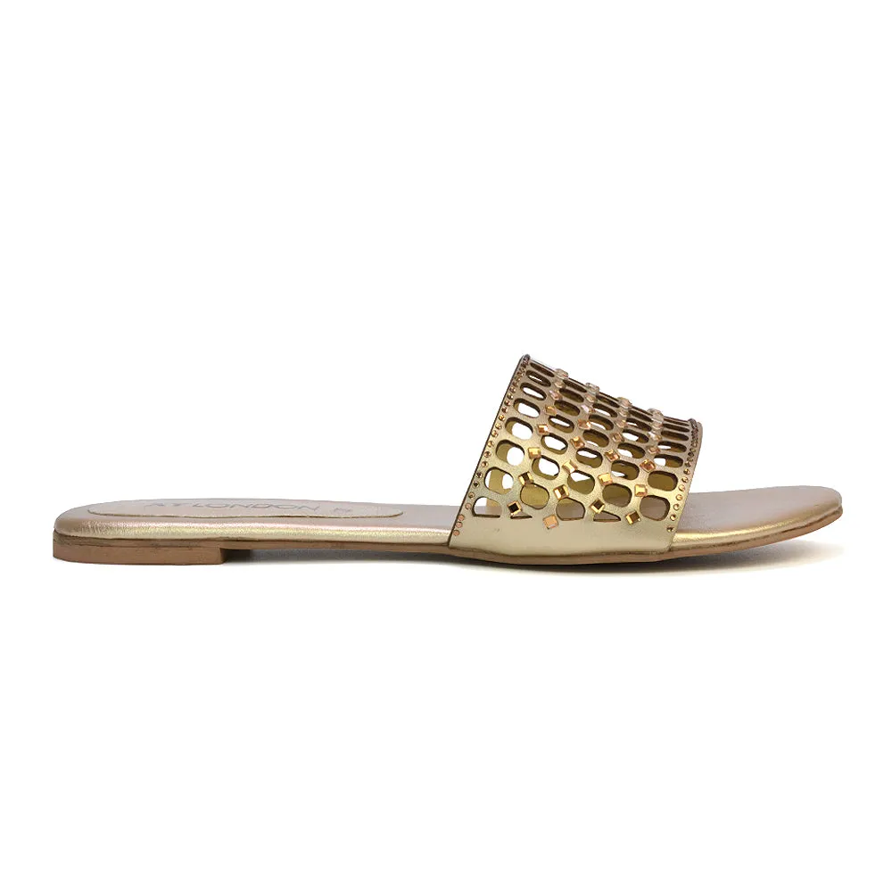 Abbie Mesh Strappy Diamante Slip On Flat Sandals Sliders in Gold sold by XYlondon product image thumbnail 3