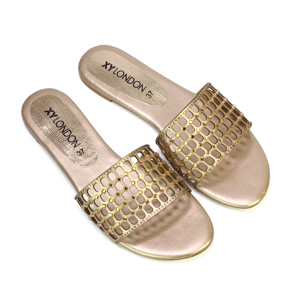 Abbie Mesh Strappy Diamante Slip On Flat Sandals Sliders in Gold sold by XYlondon product image thumbnail 5
