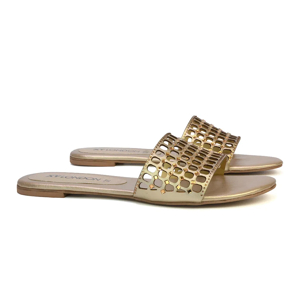 Abbie Mesh Strappy Diamante Slip On Flat Sandals Sliders in Gold sold by XYlondon