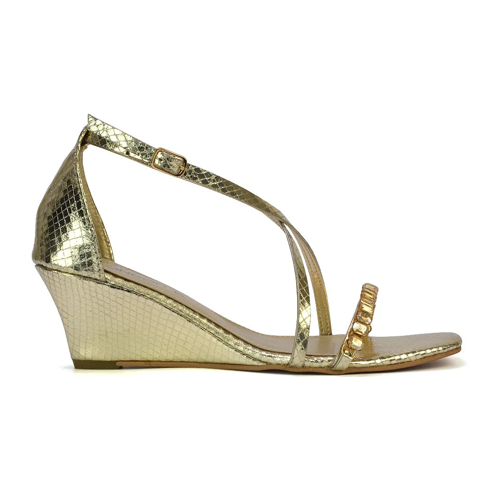 Sky Strappy Square Toe Patterned Diamante Wedge Heel Sandals in Gold sold by XYlondon
