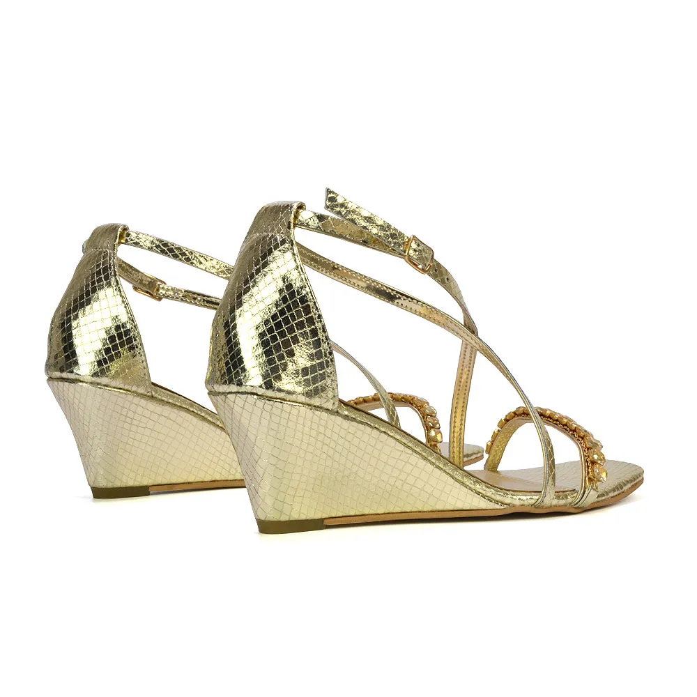 Sky Strappy Square Toe Patterned Diamante Wedge Heel Sandals in Gold sold by XYlondon product image thumbnail 5