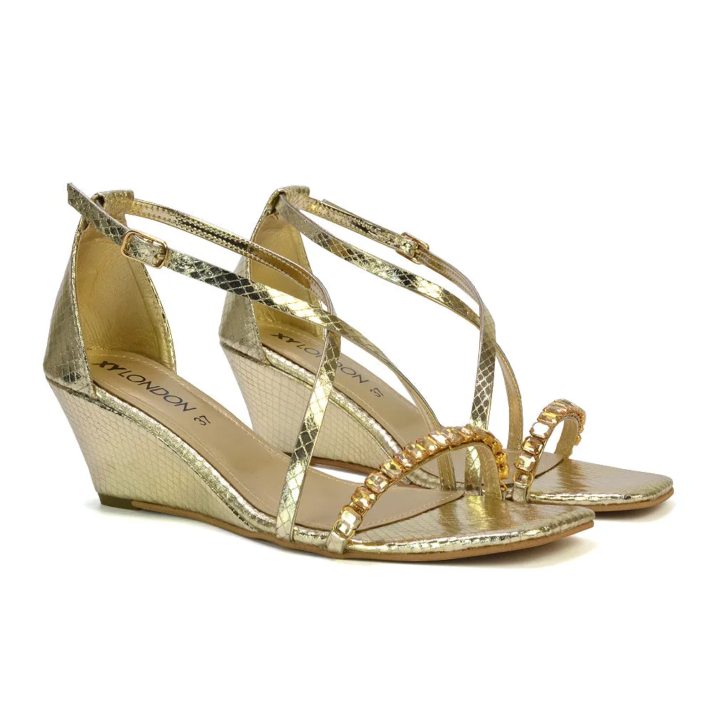 Sky Strappy Square Toe Patterned Diamante Wedge Heel Sandals in Gold sold by XYlondon product image thumbnail 2