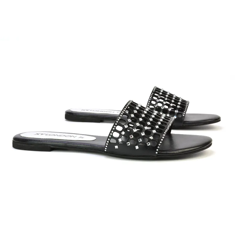 Abbie Mesh Strappy Diamante Slip On Flat Sandals Sliders in Black sold by XYlondon