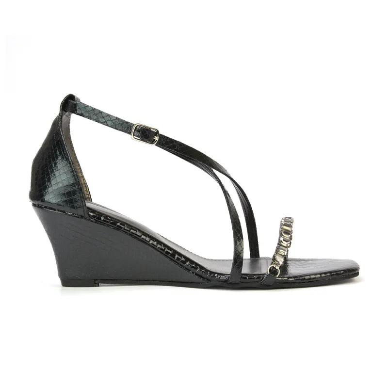 Sky Strappy Square Toe Patterned Diamante Wedge Heel Sandals in Black sold by XYlondon
