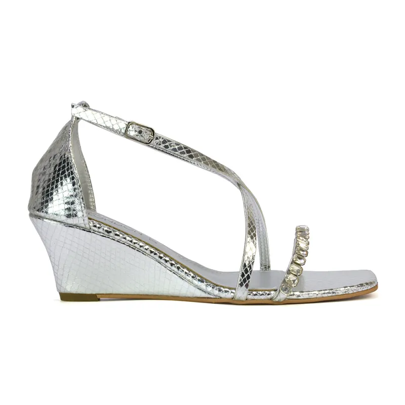 Sky Strappy Square Toe Patterned Diamante Wedge Heel Sandals in Silver sold by XYlondon
