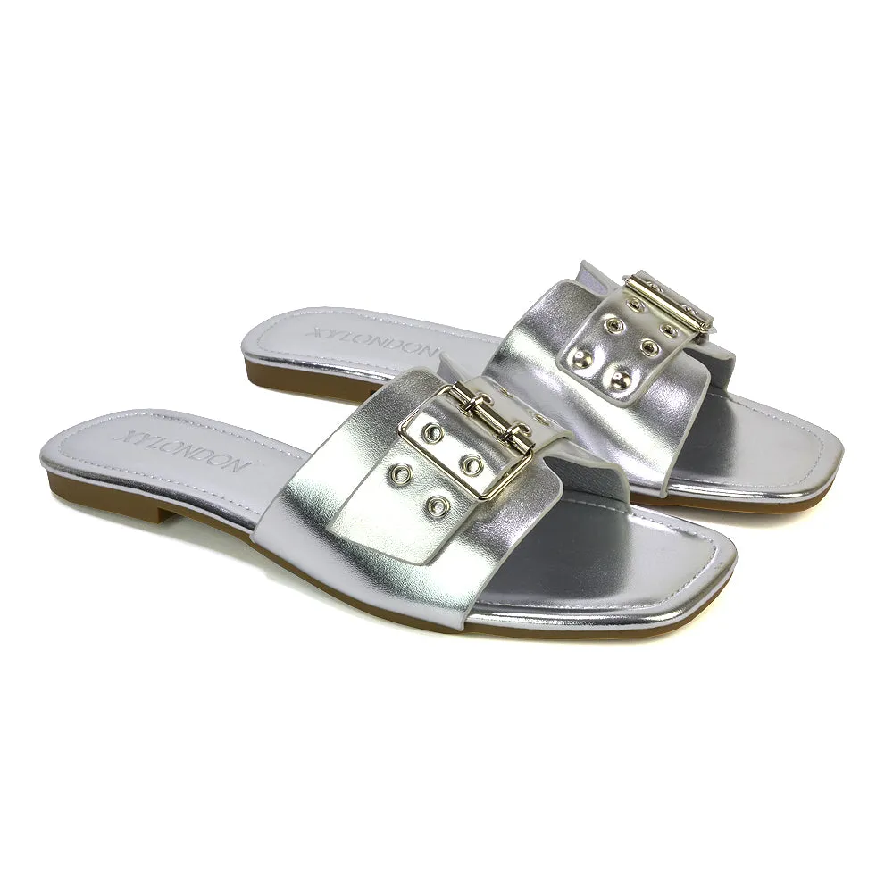 Inez Square Toe Slip On Strappy Flat Sandals With Buckle in Silver sold by XYlondon product image thumbnail 5