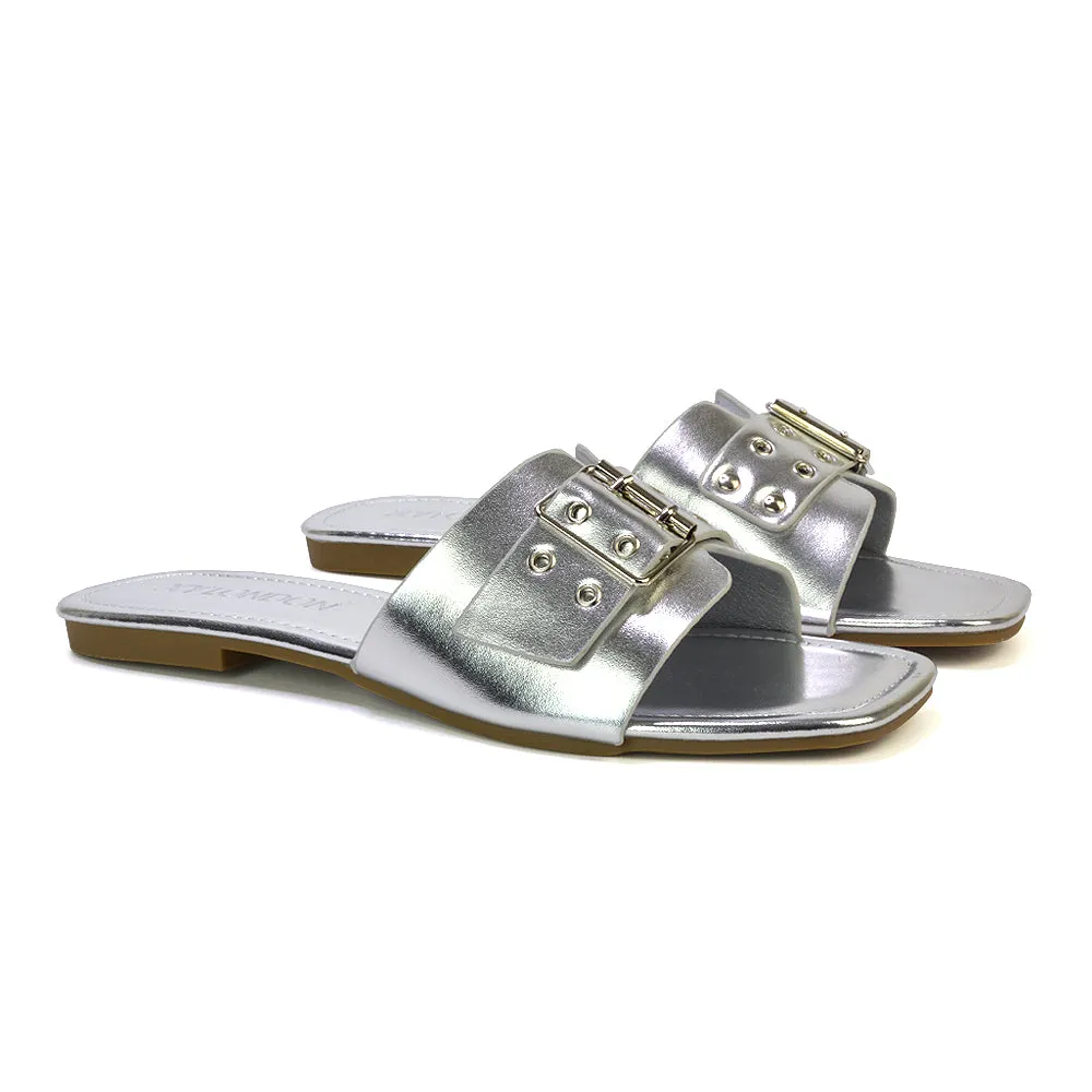 Inez Square Toe Slip On Strappy Flat Sandals With Buckle in Silver sold by XYlondon product image thumbnail 4