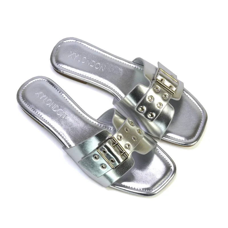 Inez Square Toe Slip On Strappy Flat Sandals With Buckle in Silver sold by XYlondon