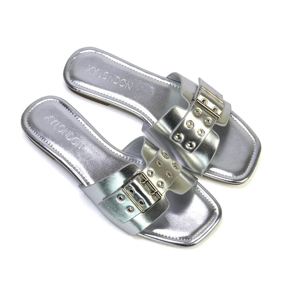 Inez Square Toe Slip On Strappy Flat Sandals With Buckle in Silver sold by XYlondon