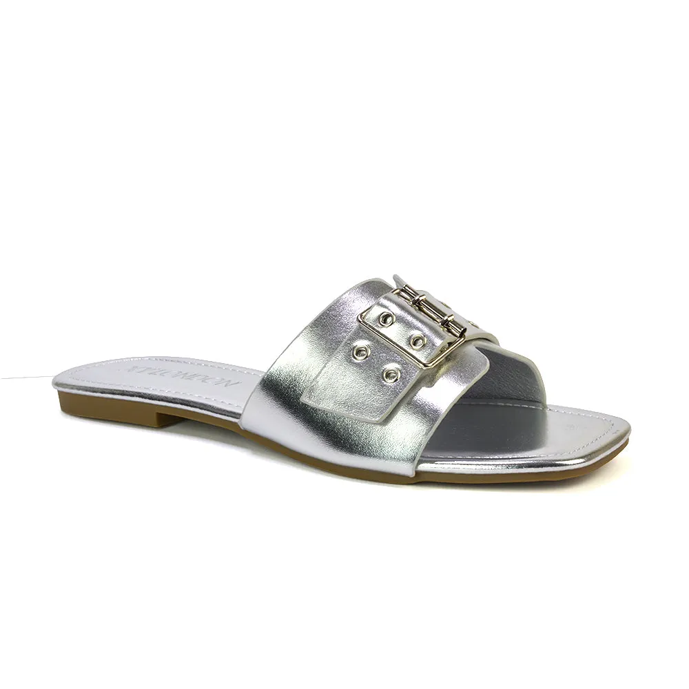 Inez Square Toe Slip On Strappy Flat Sandals With Buckle in Silver sold by XYlondon product image thumbnail 2