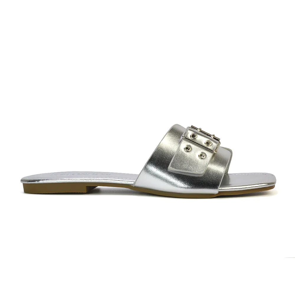 Inez Square Toe Slip On Strappy Flat Sandals With Buckle in Silver sold by XYlondon product image thumbnail 3