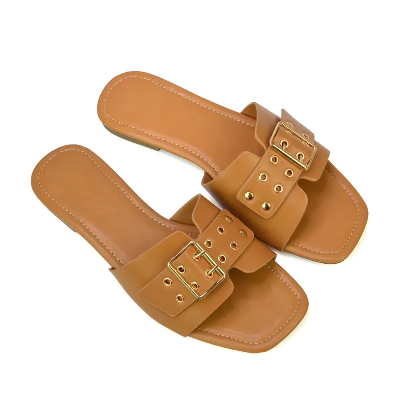 Inez Square Toe Slip On Strappy Flat Sandals With Buckle in Tan sold by XYlondon