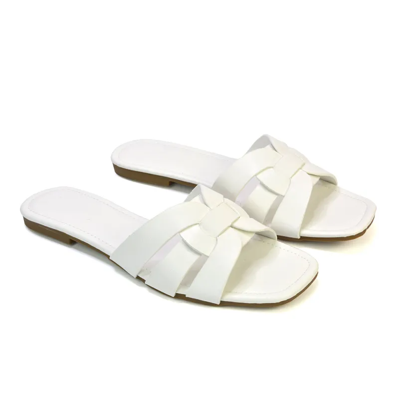 Luci Square Toe Slip On Summer Strappy Flat Women's Holiday Sandals in White sold by XYlondon