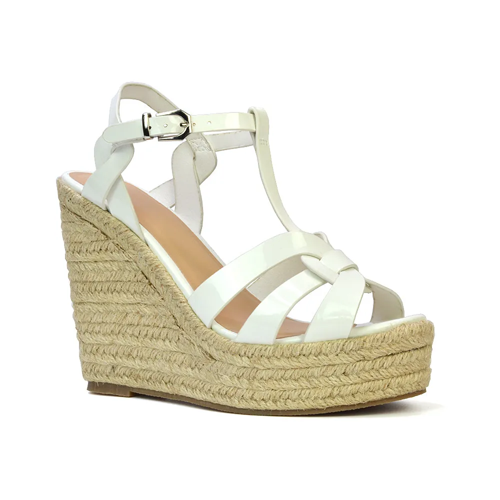 Alexis Strappy Espadrille Platform Wedge Heel Sandals in White Patent sold by XYlondon product image thumbnail 3