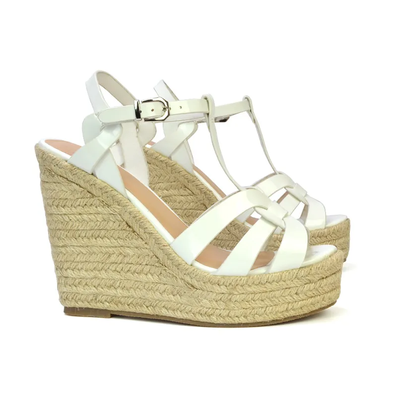 Alexis Strappy Espadrille Platform Wedge Heel Sandals in White Patent sold by XYlondon
