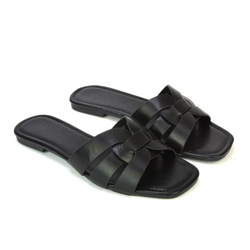 Luci Square Toe Slip On Summer Strappy Flat Women's Holiday Sandals in Black sold by XYlondon