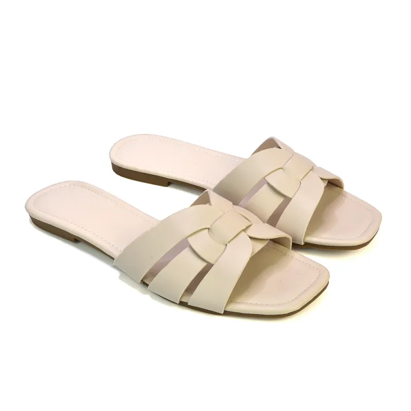 Luci Square Toe Slip On Summer Strappy Flat Women's Holiday Sandals in Nude sold by XYlondon