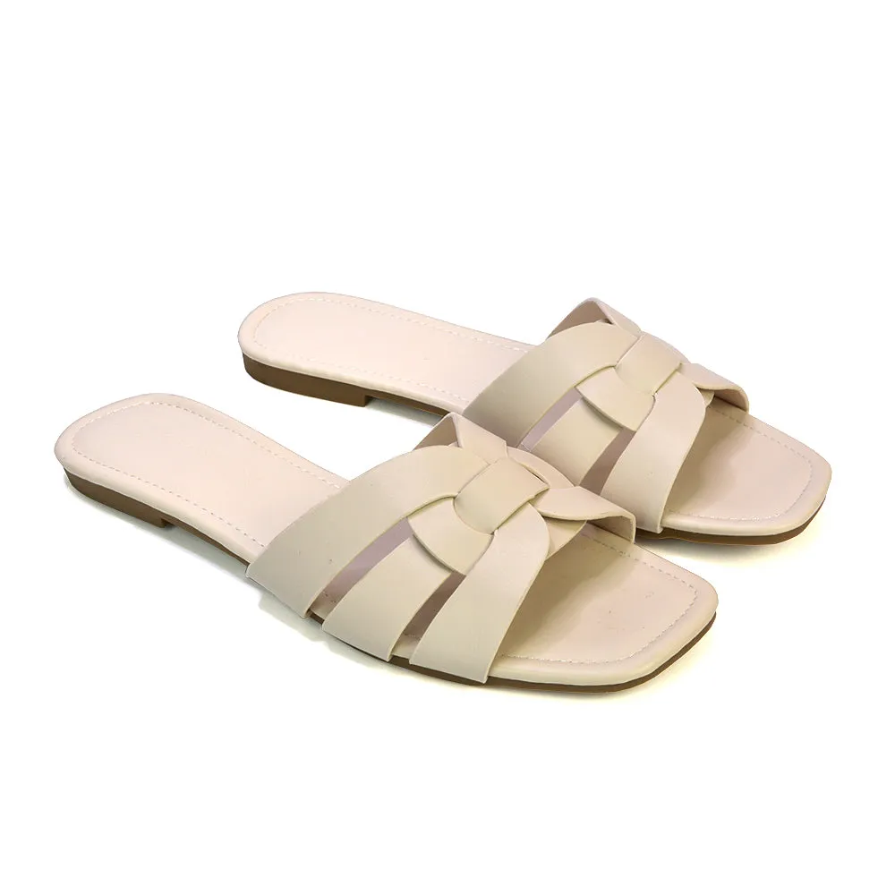Luci Square Toe Strappy Slip On Flat Summer Holiday Sandals in Nude sold by XYlondon