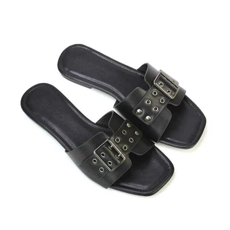 Inez Square Toe Slip On Strappy Flat Sandals With Buckle in Black sold by XYlondon