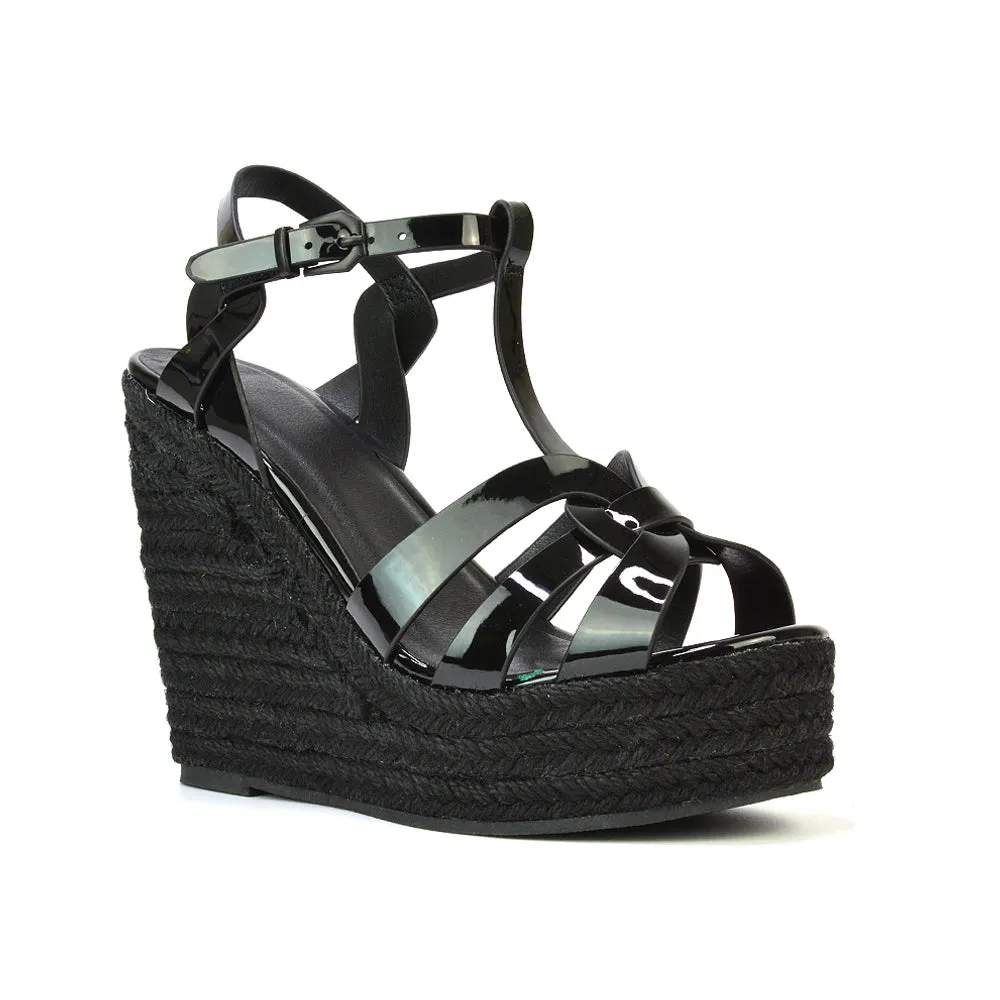 Alexis Strappy Espadrille Platform Wedge Heel Sandals in Black Patent sold by XYlondon product image thumbnail 3