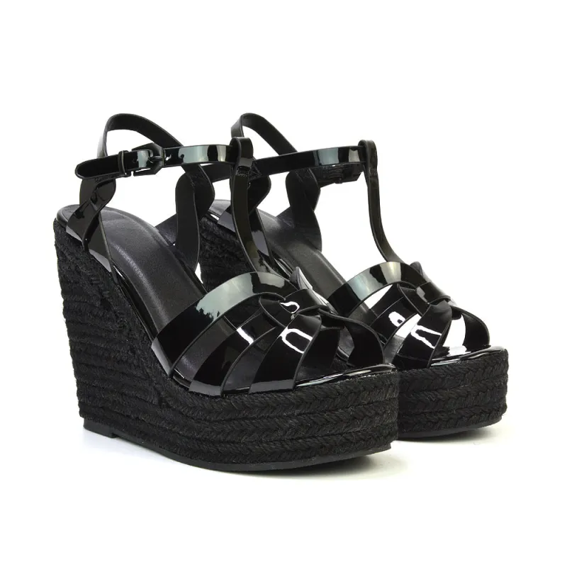 Alexis Strappy Espadrille Platform Wedge Heel Sandals in Black Patent sold by XYlondon