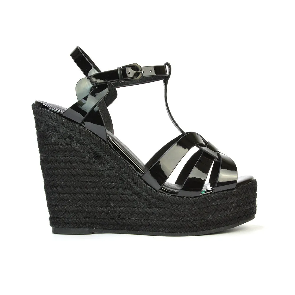 Alexis Strappy Espadrille Platform Wedge Heel Sandals in Black Patent sold by XYlondon product image thumbnail 4