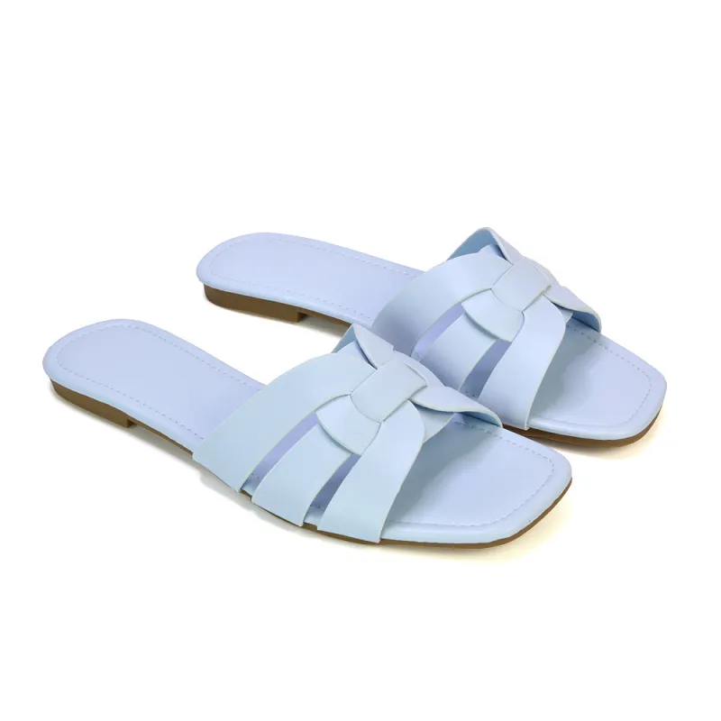 Luci Square Toe Slip On Summer Strappy Flat Women's Holiday Sandals in Blue sold by XYlondon