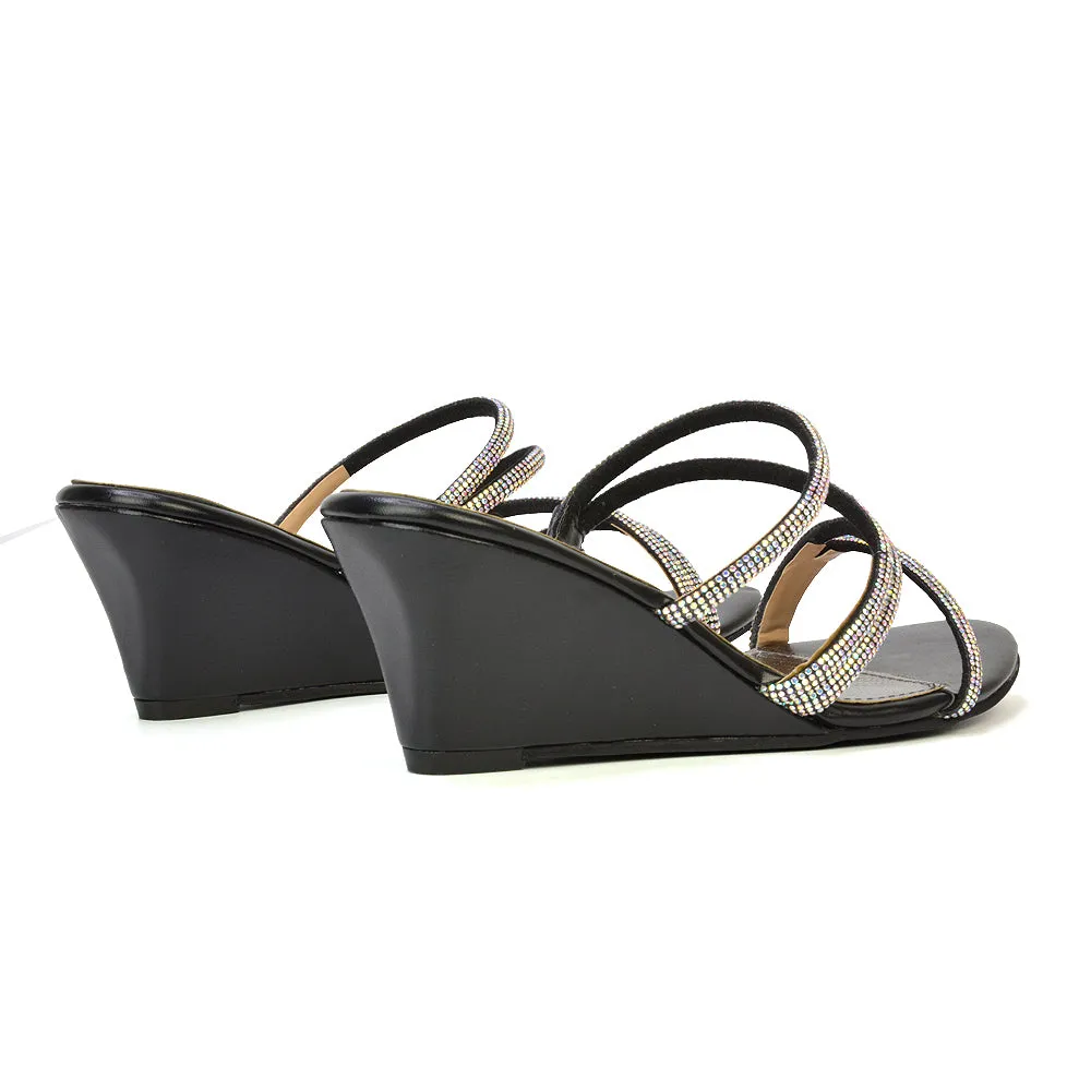 Lilliana Slip On Strappy Diamante Wedge Heel Summer Sandals in Black sold by XYlondon product image thumbnail 3