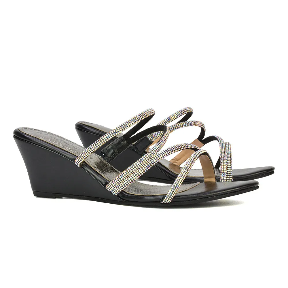 Lilliana Slip On Strappy Diamante Wedge Heel Summer Sandals in Black sold by XYlondon product image thumbnail 5