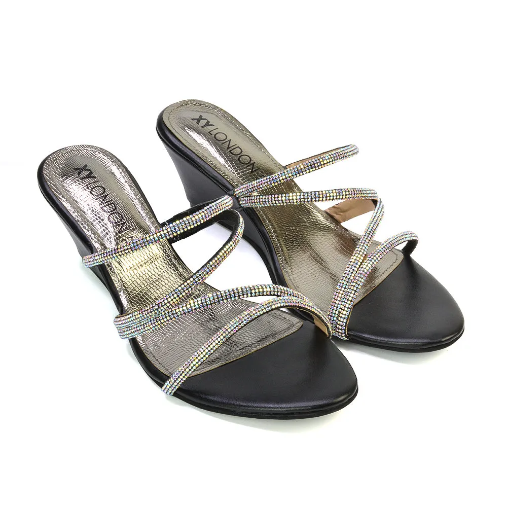 Lilliana Slip On Strappy Diamante Wedge Heel Summer Sandals in Black sold by XYlondon product image thumbnail 2