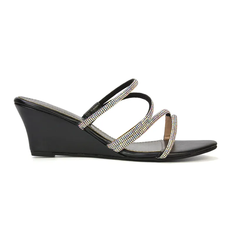 Lilliana Slip On Strappy Diamante Wedge Heel Summer Sandals in Black sold by XYlondon