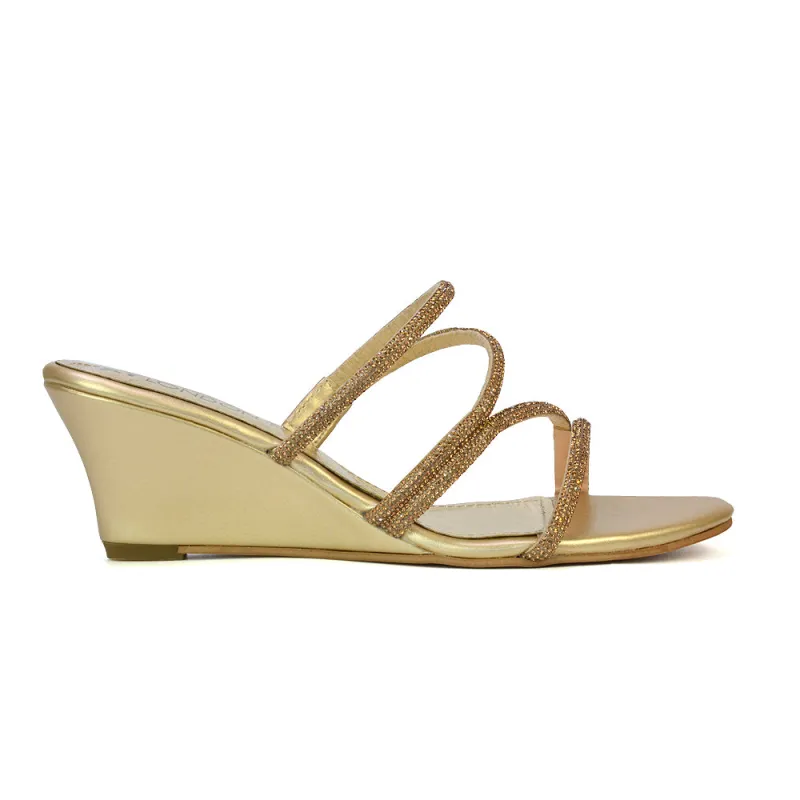 Lilliana Slip On Strappy Diamante Wedge Heel Summer Sandals in Gold sold by XYlondon