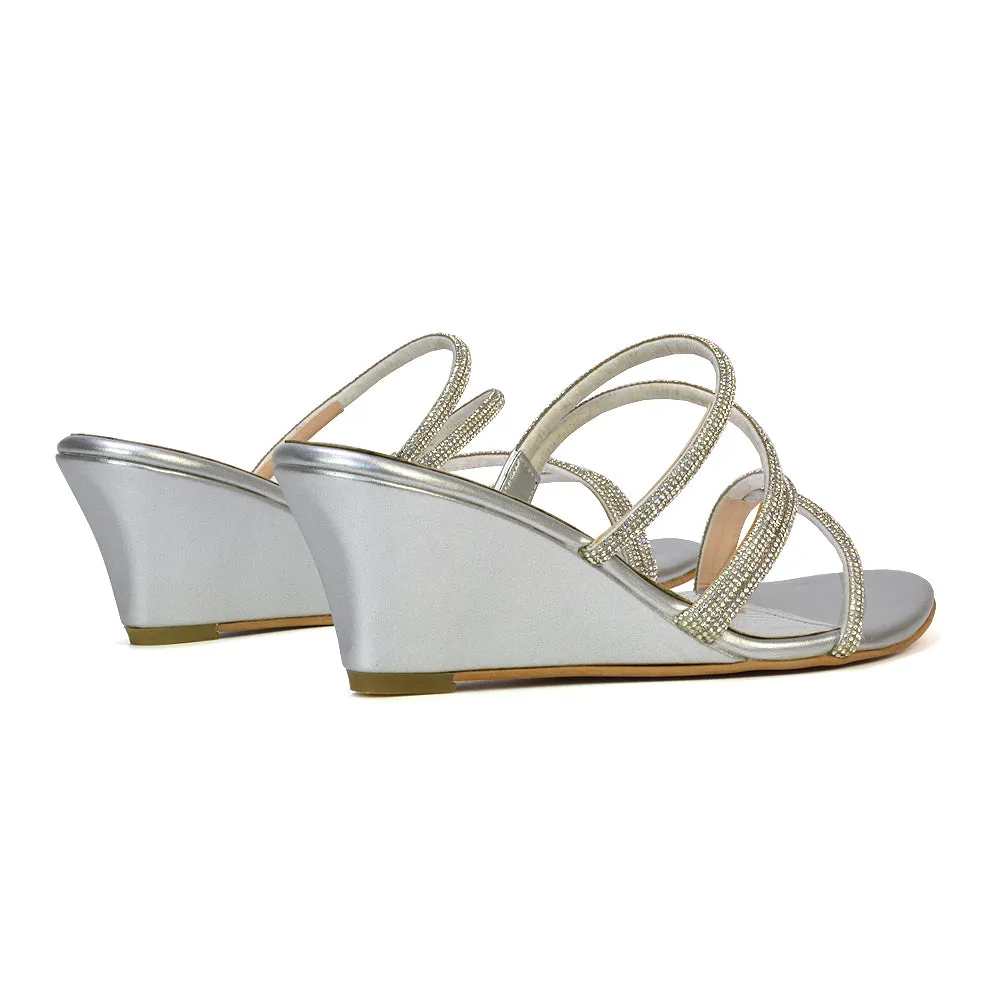 Lilliana Slip On Strappy Diamante Wedge Heel Summer Sandals in Silver sold by XYlondon product image thumbnail 3